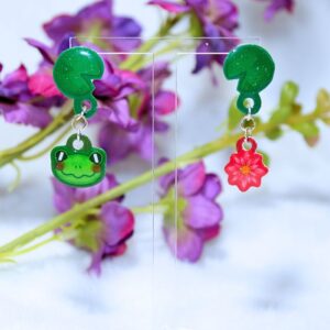 Pendientes de botón o broquel de acero inoxidable de rana, nenúfar y flor.