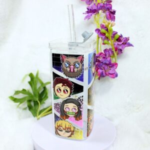 Vaso cuadrado de cristal con capacidad de 400 ml con tapa y pajita de cristal, estampado inspirado en personajes del anime Kimetsu no Yaiba (Demon Slayer).