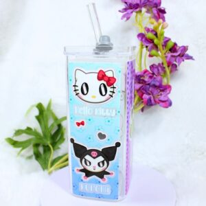 Vaso cuadrado de cristal con capacidad de 400 ml con tapa y pajita de cristal, estampado inspirado en Sanrio.